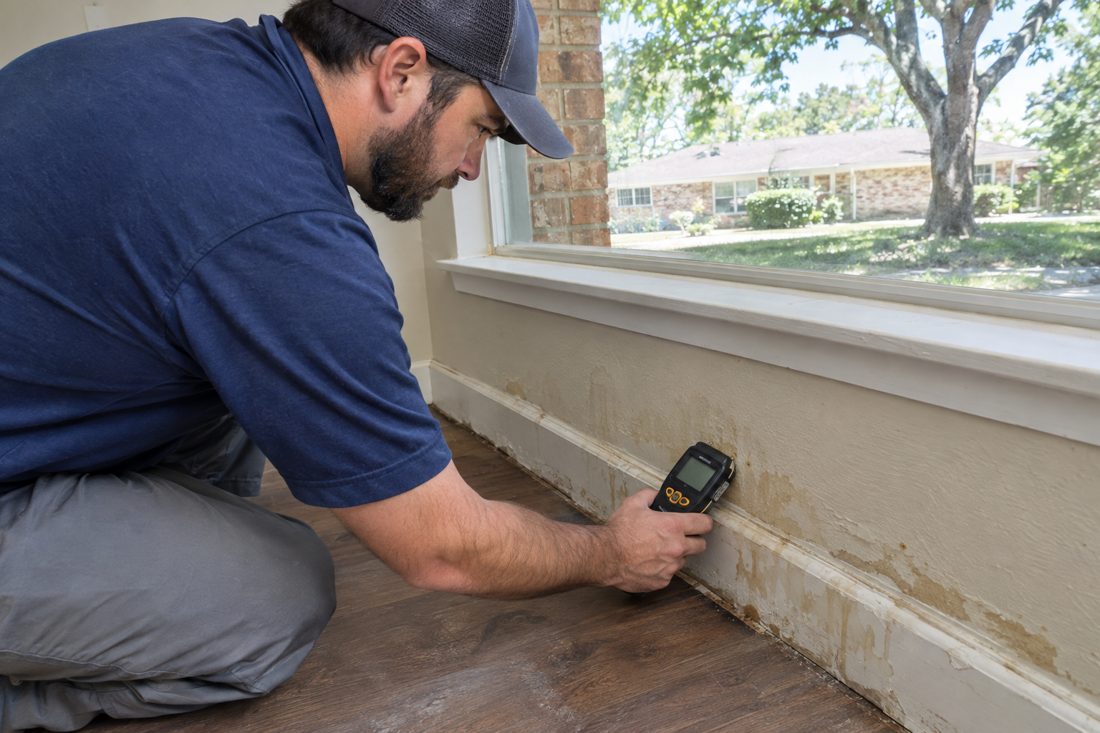 Close view of a technician recording moisture readings at a water-stained baseboard inside a brick ranch home in Downtown Rowlett, TX