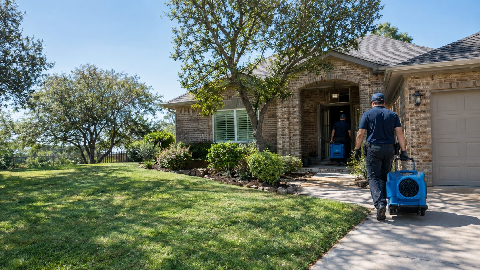 A restoration worker outside a Rockwall brick ranch carries extraction equipment toward its open front door after a plumbing leak in Rockwall, TX