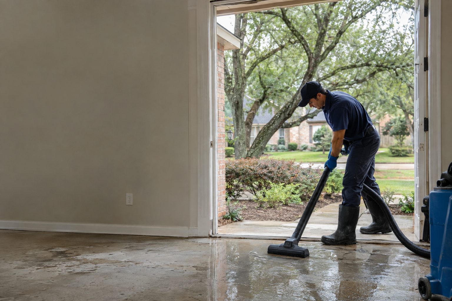 A restoration technician extracts water from a brick Wylie ranch home's front room after a plumbing leak, working outdoors-facing through an open doorway in Wylie, TX